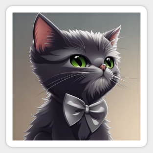 Elegant Grey Cat With a Grey Bow Tie | White and grey cat with green eyes | Digital art Sticker Sticker